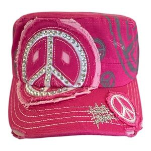 Pink Rhinestone Peace Sign Distressed Y2K Adjustable Cap